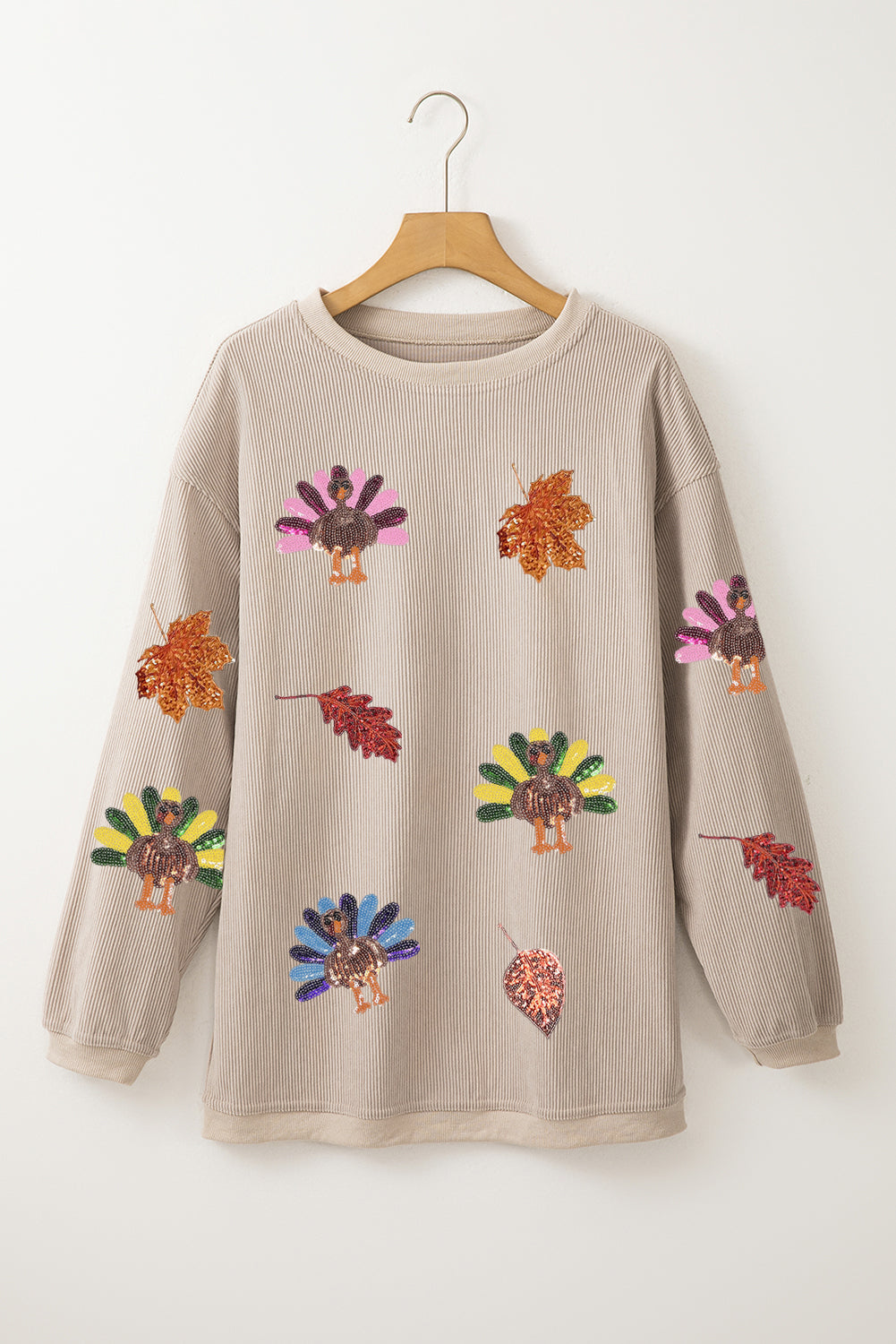 Smoke Gray Ribbed Fall Leaf Turkey Graphic Sequins Patch Baggy Sweatshirt