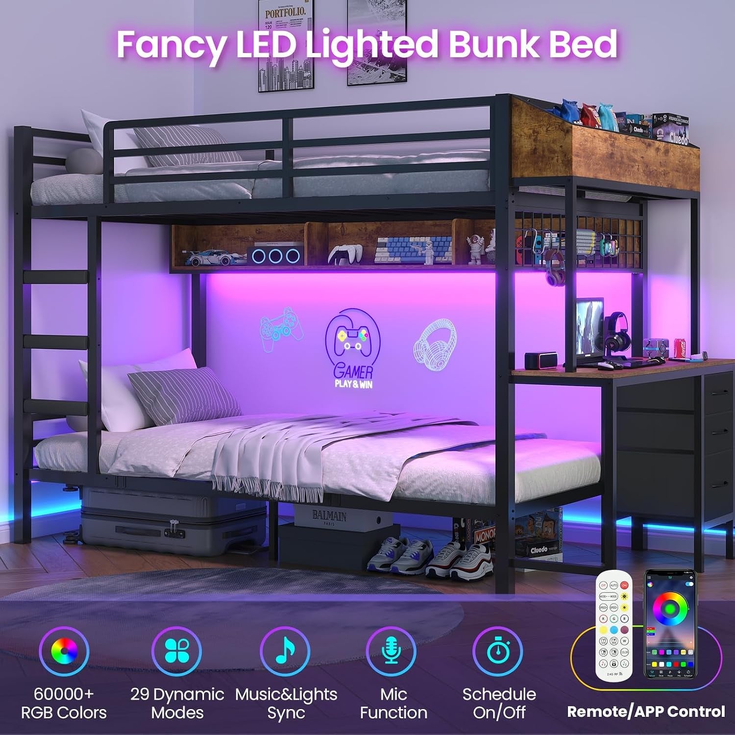 TwinOverTwin MetalBunkBed WithDesk Black SpaceSaving Design Efficient