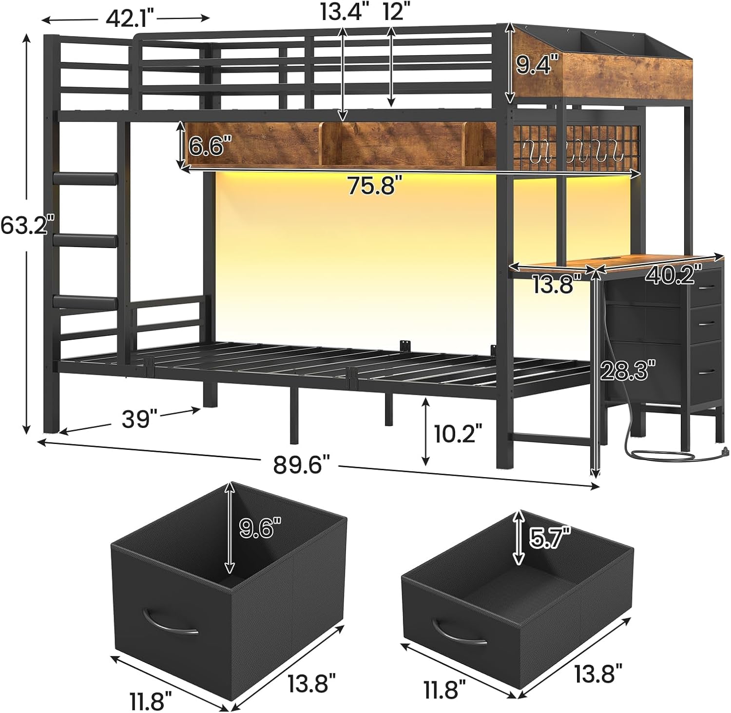 TwinOverTwin MetalBunkBed WithDesk Black SpaceSaving Design Efficient