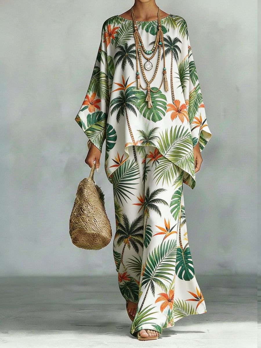 Floral Print Bamboo Linen Two-Piece Set | Wide-Leg Pants FitiqueFit