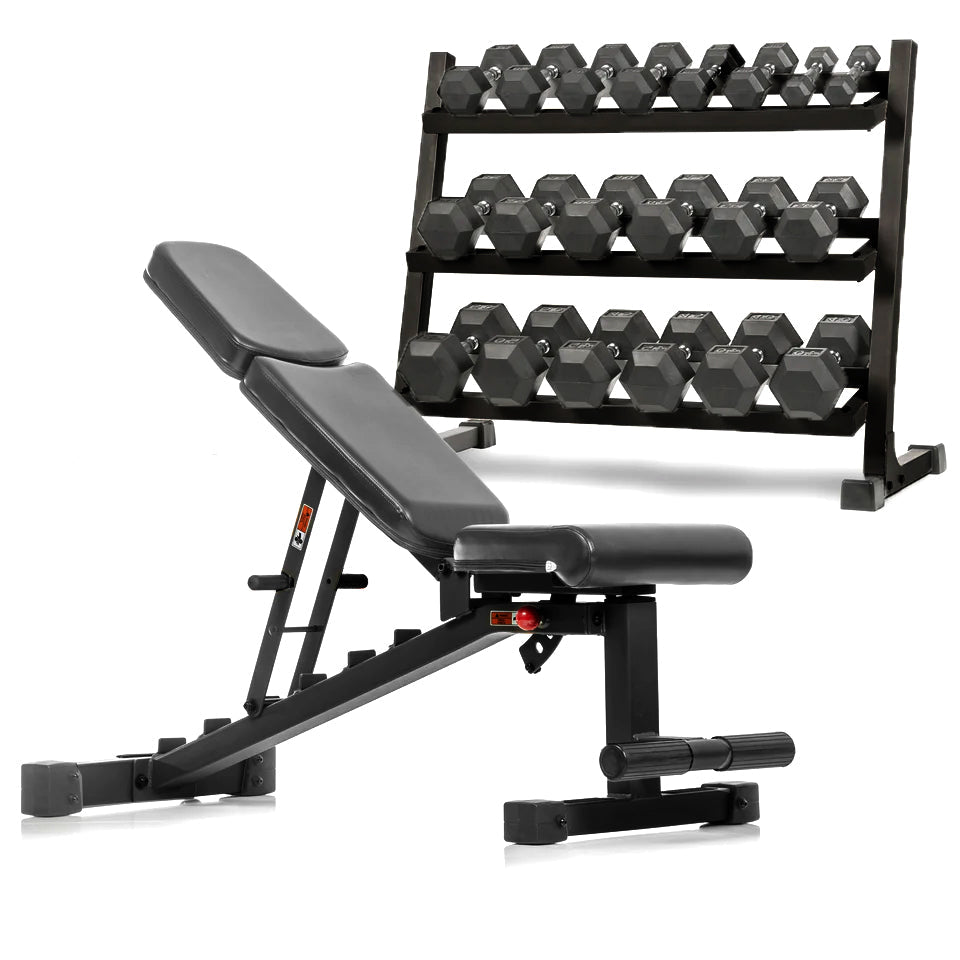 5-50 lb Hex Dumbbell Set with Rack and Weight Bench XMARK