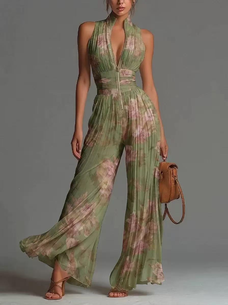 Pleated Wide-Leg Jumpsuit for Women – Sleeveless High-Waist Minimalist Long Jumpsuit FitiqueFit