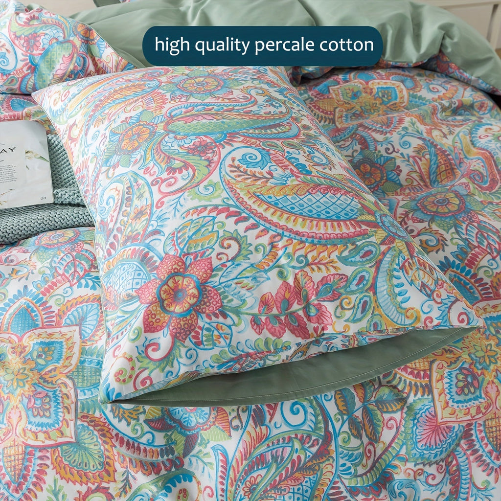 Percale Cotton Duvet Cover Set - 3-Piece Floral Botanical Bedding (Queen/King)