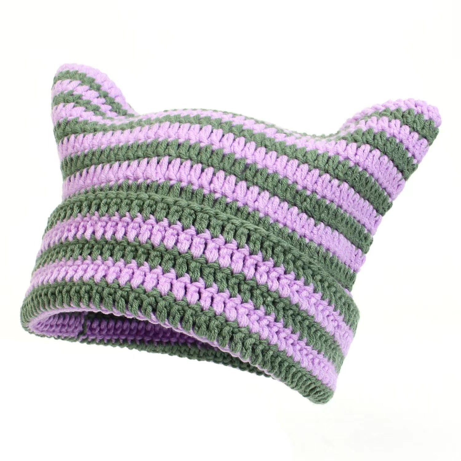 Women’s Hand Knitted Striped Cat Hat – Cute Warm Winter Beanie FitiqueFit