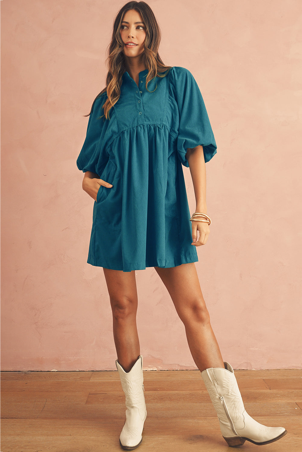 Gold Flame Light Snap Button Empire Waist Lantern Sleeve Corduroy Dress