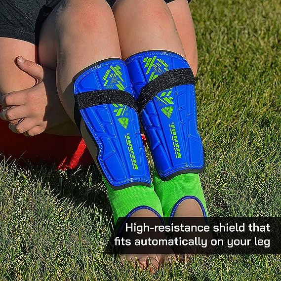 Malaga Soccer ankle protection Shin Guard with Adjustable Straps-Blue/Green Vizari Sports