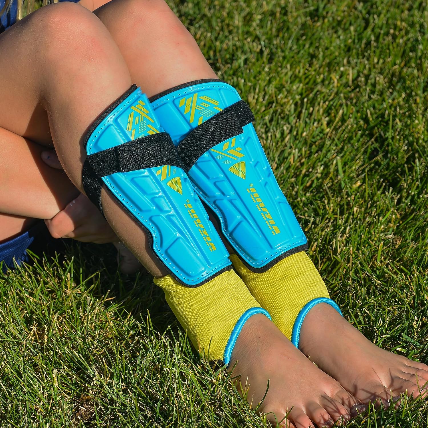 Vizari Malaga Soccer Shin Guards for Youth & Adults -Lightweight Ankle Protection – Sky/Yellow Vizari Sports