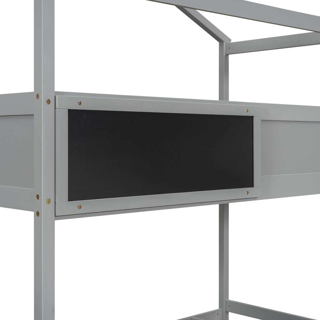 Twin over Full House Bunk Bed with Storage Staircase and Blackboard Gray