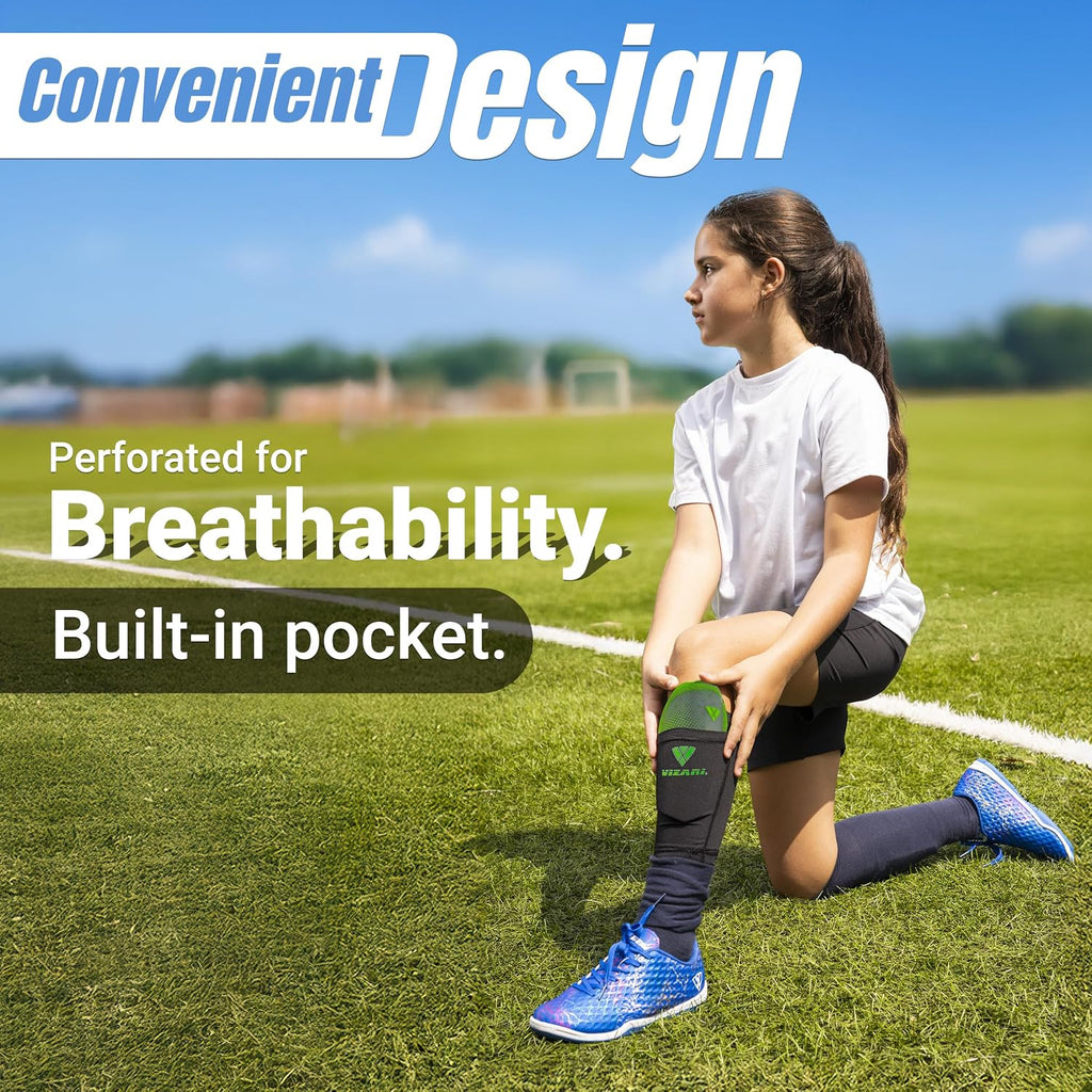 Vizari Atletico Soccer Shin Guards with Compression Pocket Sleeve – Green/Grey Vizari Sports