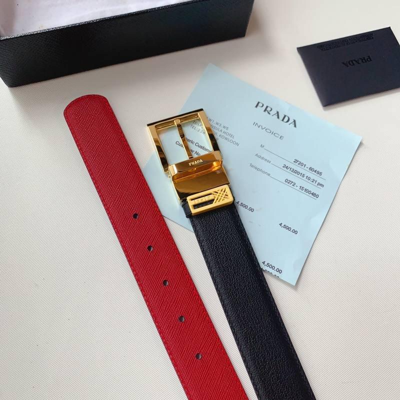 Prada Leather Reversible Belt With Triple Bucles 'Red/Black' Banlieue91