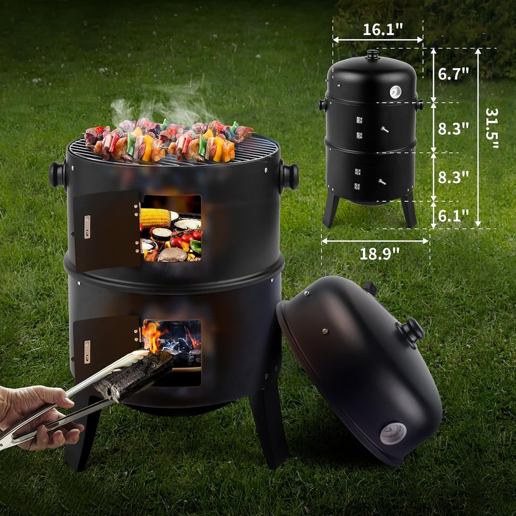 Vertical 17In Charcoal BBQ Smoker With Thermometer