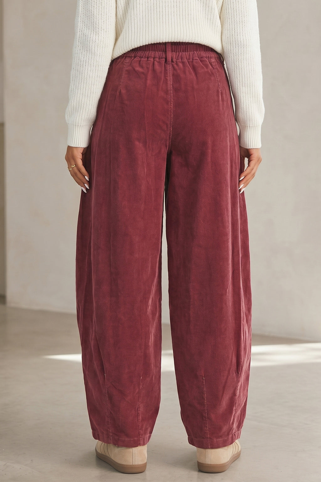 Racing Red Elastic Waist Drawstring Corduroy Casual Pants Shewin