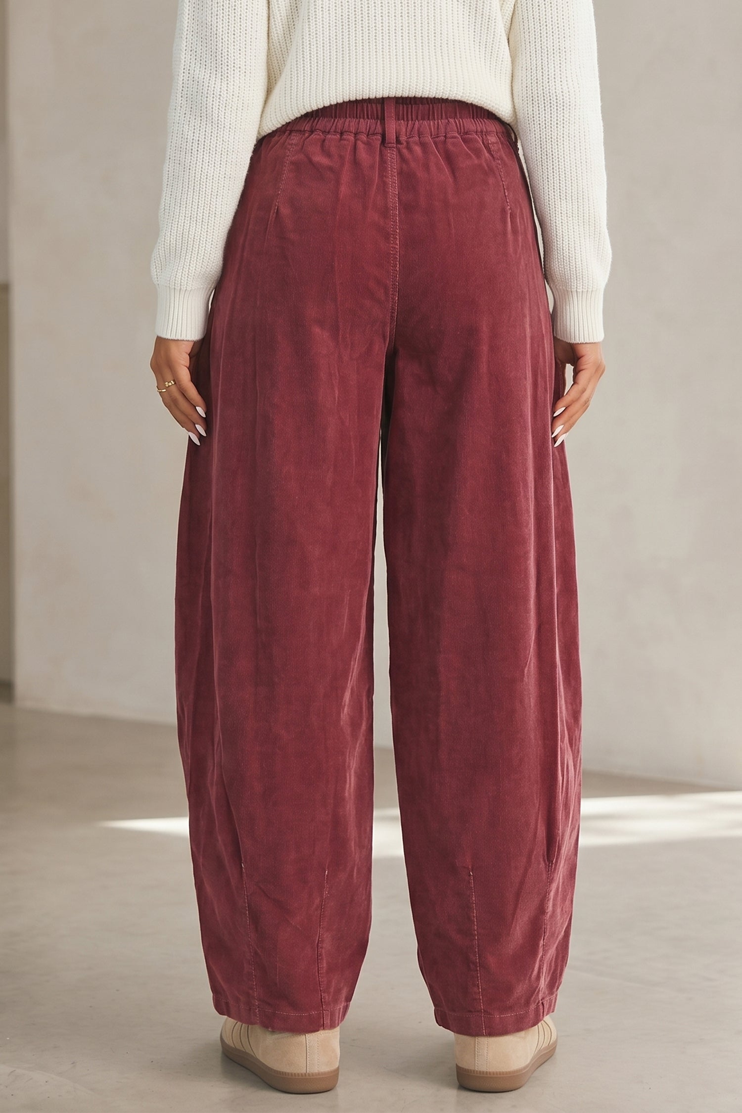Racing Red Elastic Waist Drawstring Corduroy Casual Pants Shewin