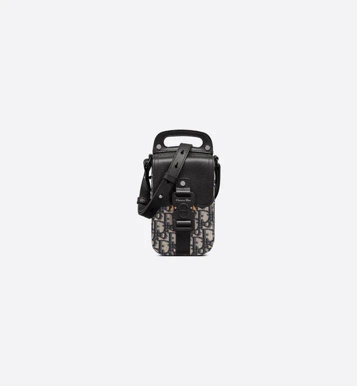 Saddle Vertical Pouch with Strap Beige and Black Dior Oblique Jacquard with Black Grained Calfskin Banlieue91