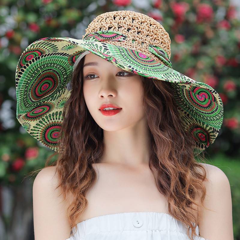 Women's Patterned Straw Beach Sun Hat – Round Crown UV Protection Summer Hat FitiqueFit