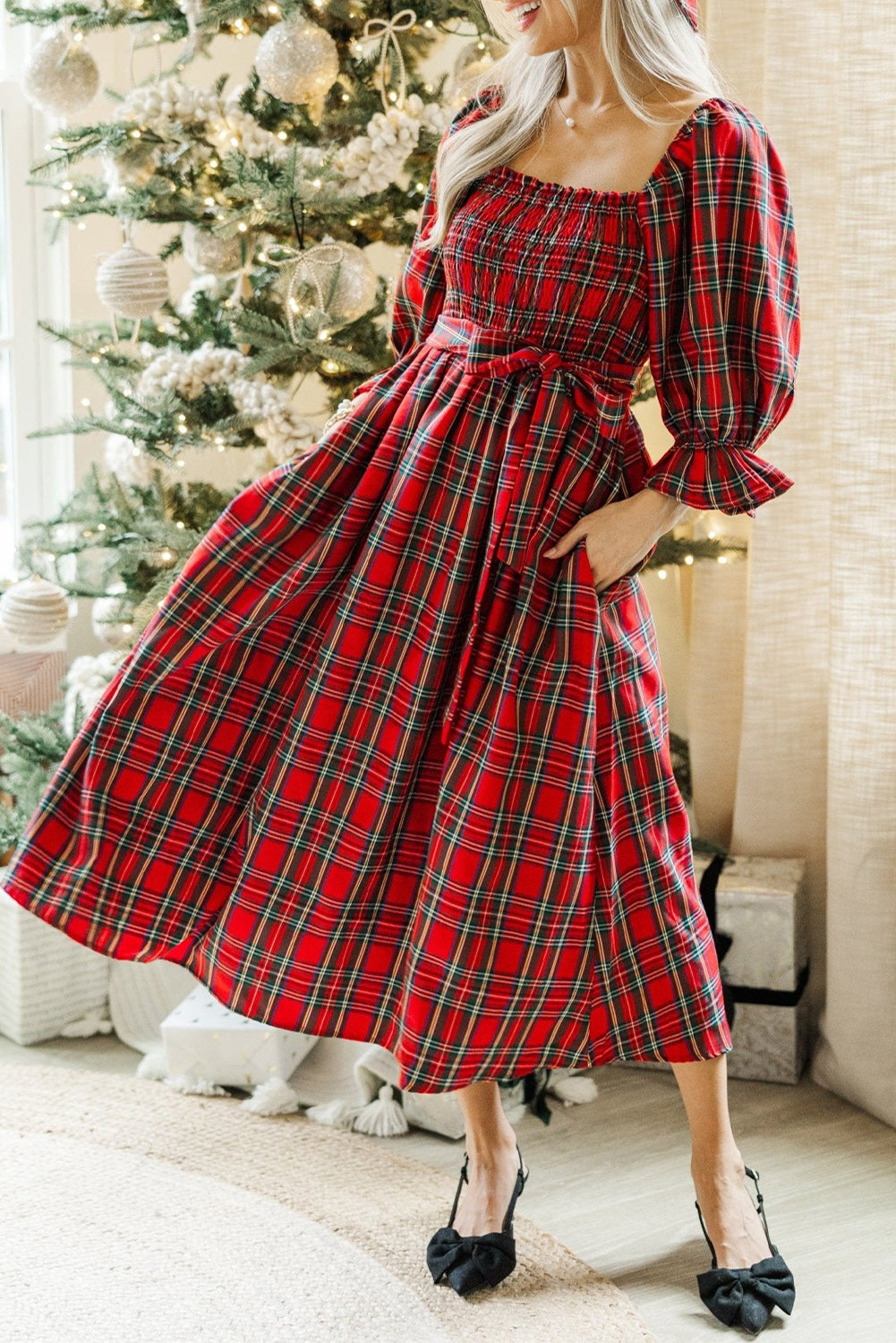 Green Plaid Square Neck Puff Sleeve Bowknot Waist Flared Midi Dress Shewin