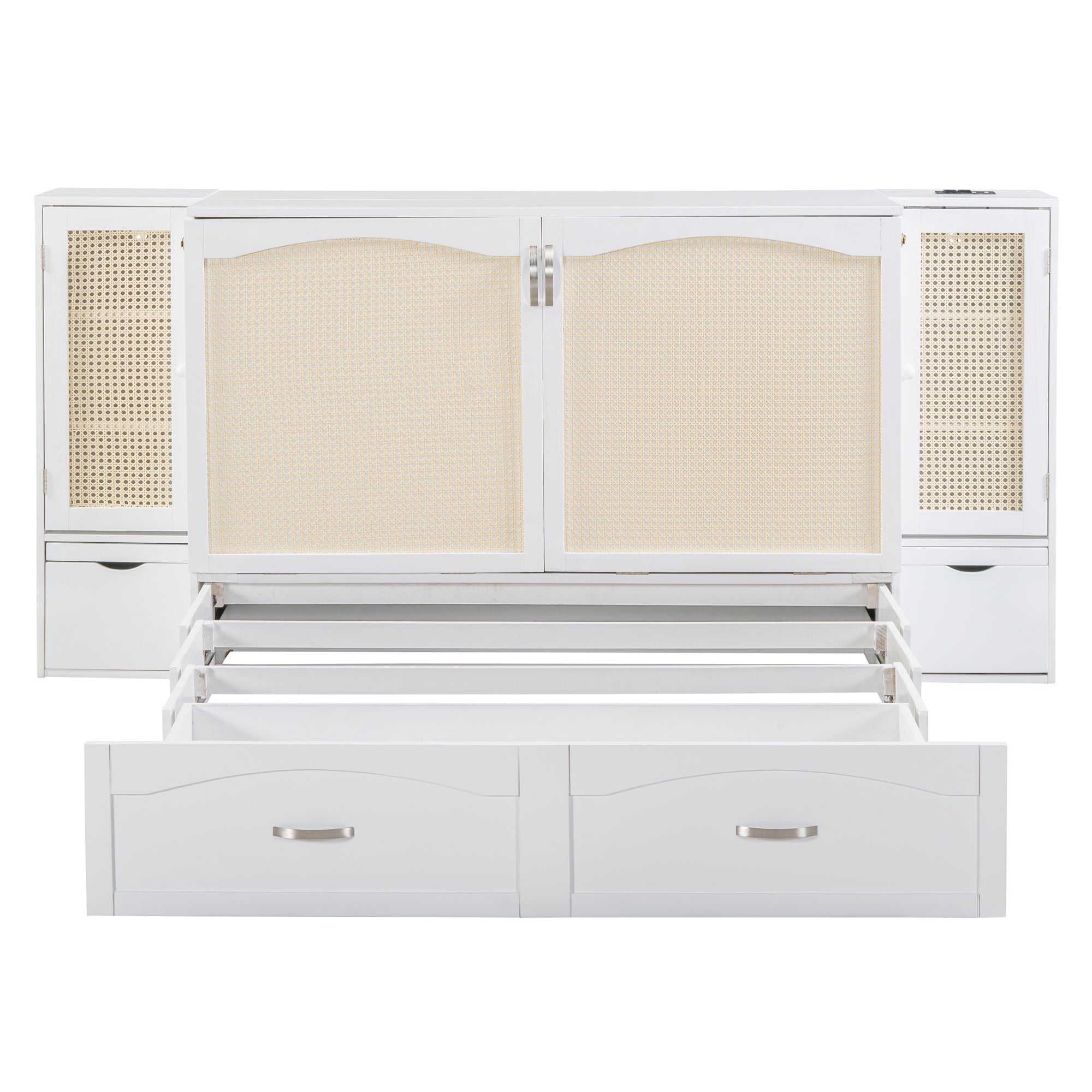Large Murphy bed wall mounted bed with drawers, 2 storage cabinets, 1 set of sockets and USB ports, white