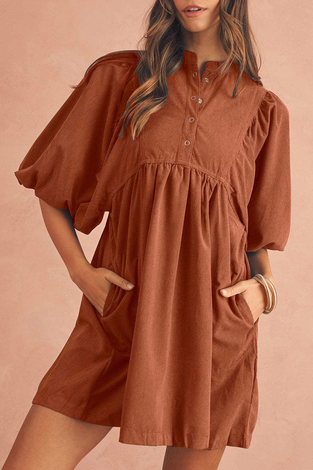 Gold Flame Light Snap Button Empire Waist Lantern Sleeve Corduroy Dress