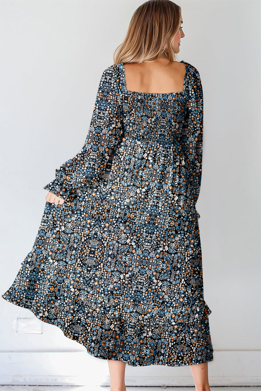 Red Floral Print Long Sleeve Square Neck Smocked Maxi Dress