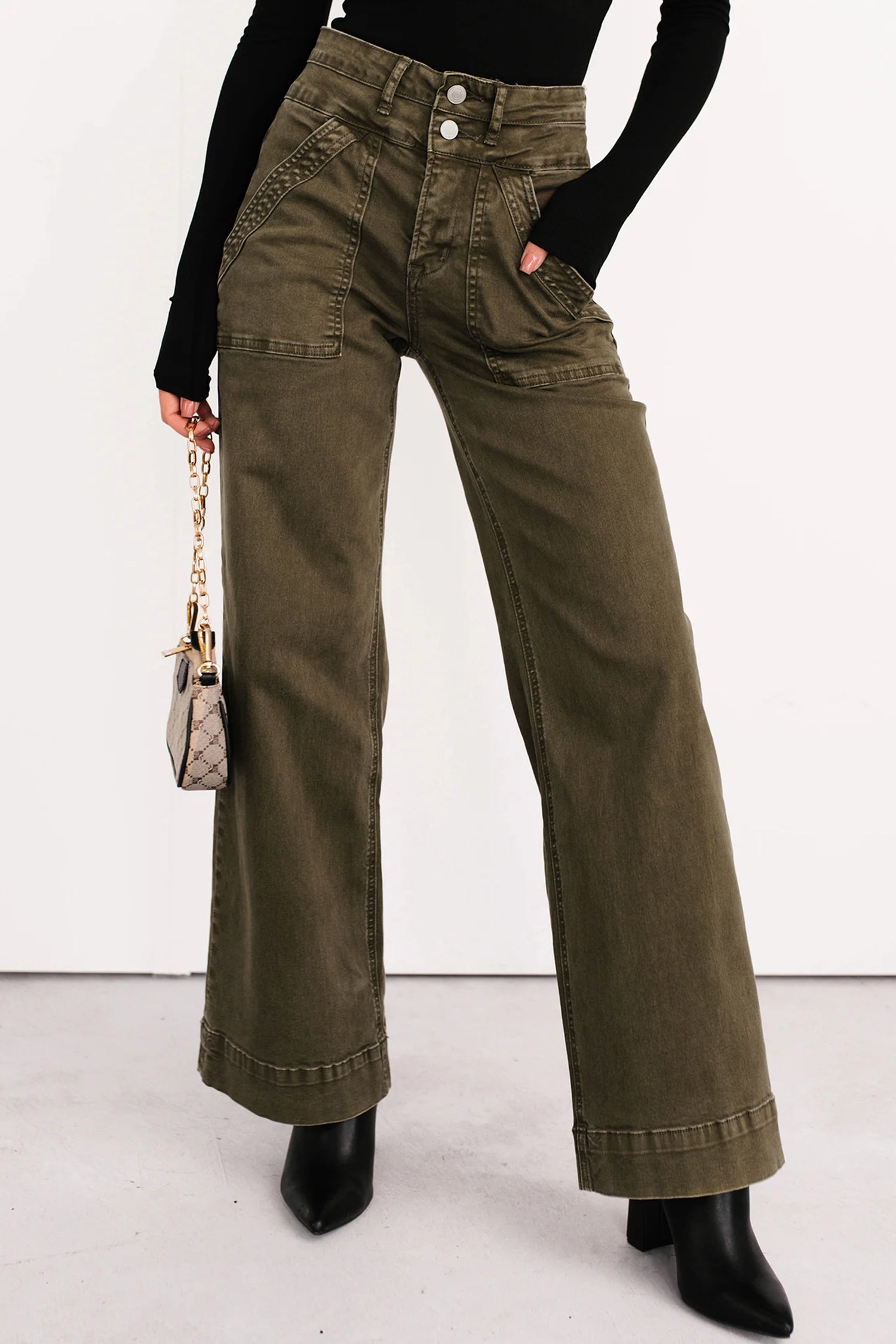 Jungle Green Double Waistband Loose Straight Jeans Shewin