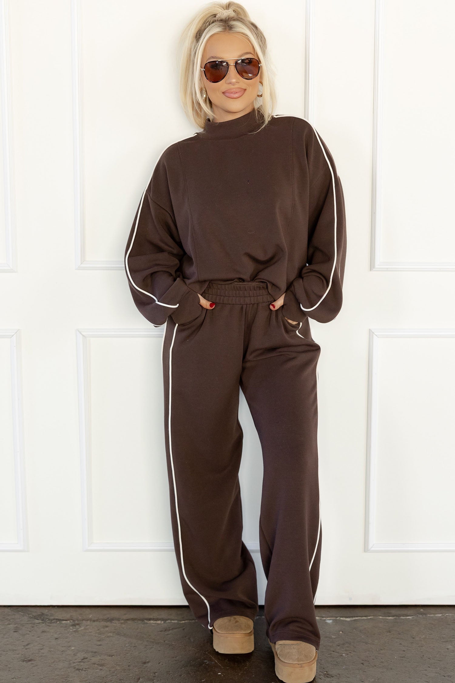 Coffee Sporty Piping Trim Mock Neck Pullover Relaxed 2pcs Pant Set