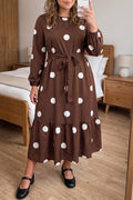 Brown Polka Dot Ruffled Hem Long Sleeve Tie Waist Plus Size Dress