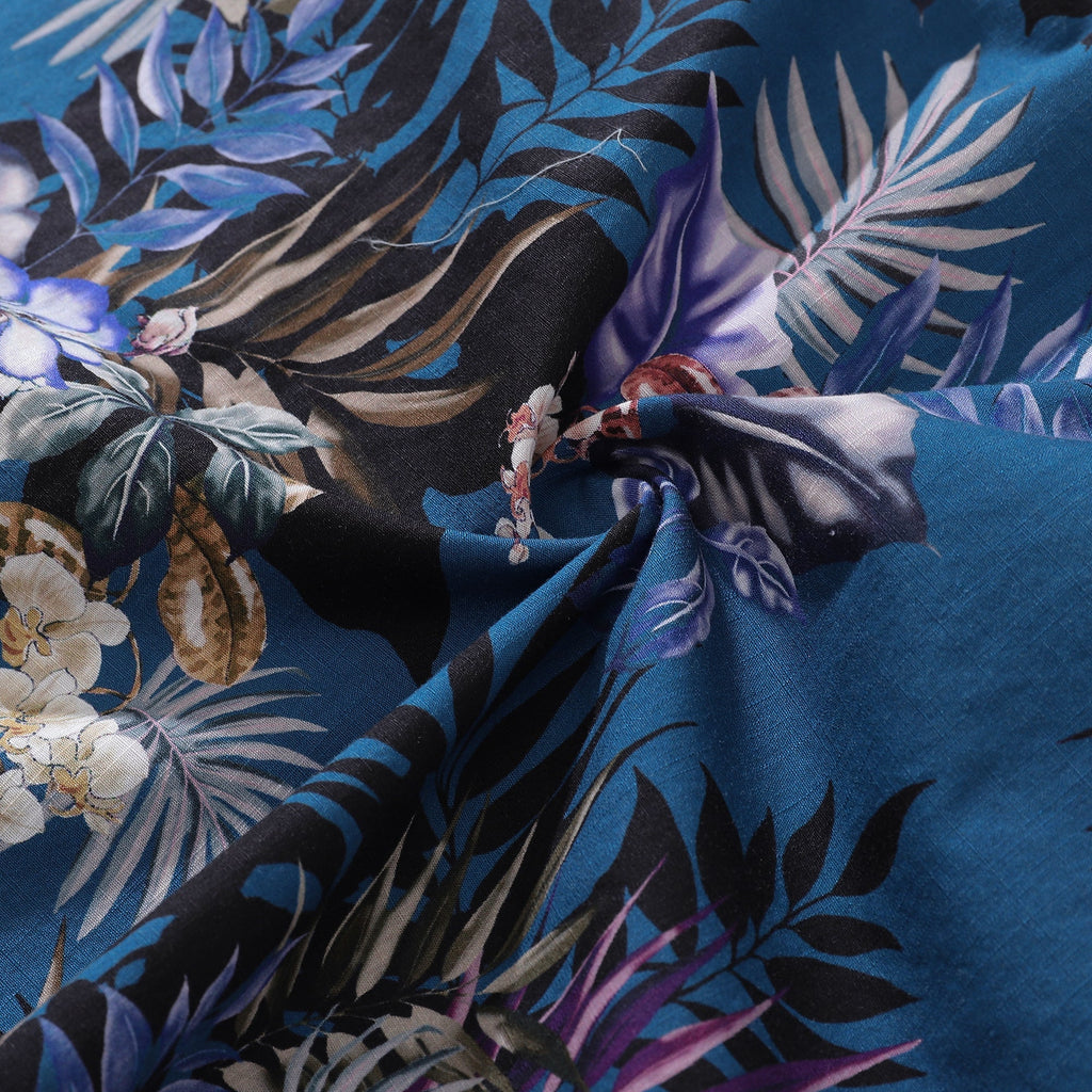 Dark Blue Hand Painted Orchid Floral Print 100% Cotton Button-down Shirt By Amy