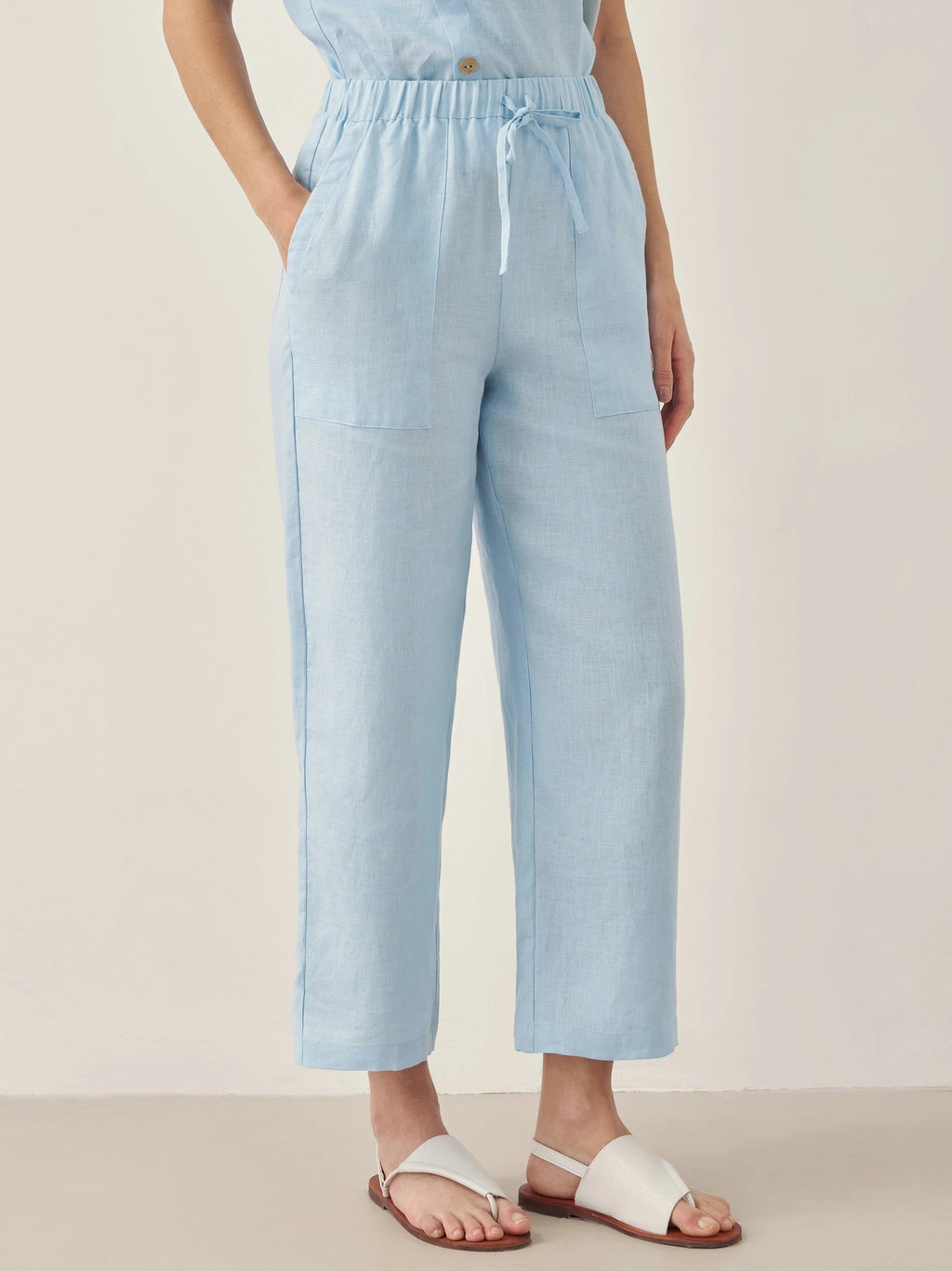 100% Linen Short-Sleeve Round Neck Button Detail Top & Pants Set JOSIE LINTICO