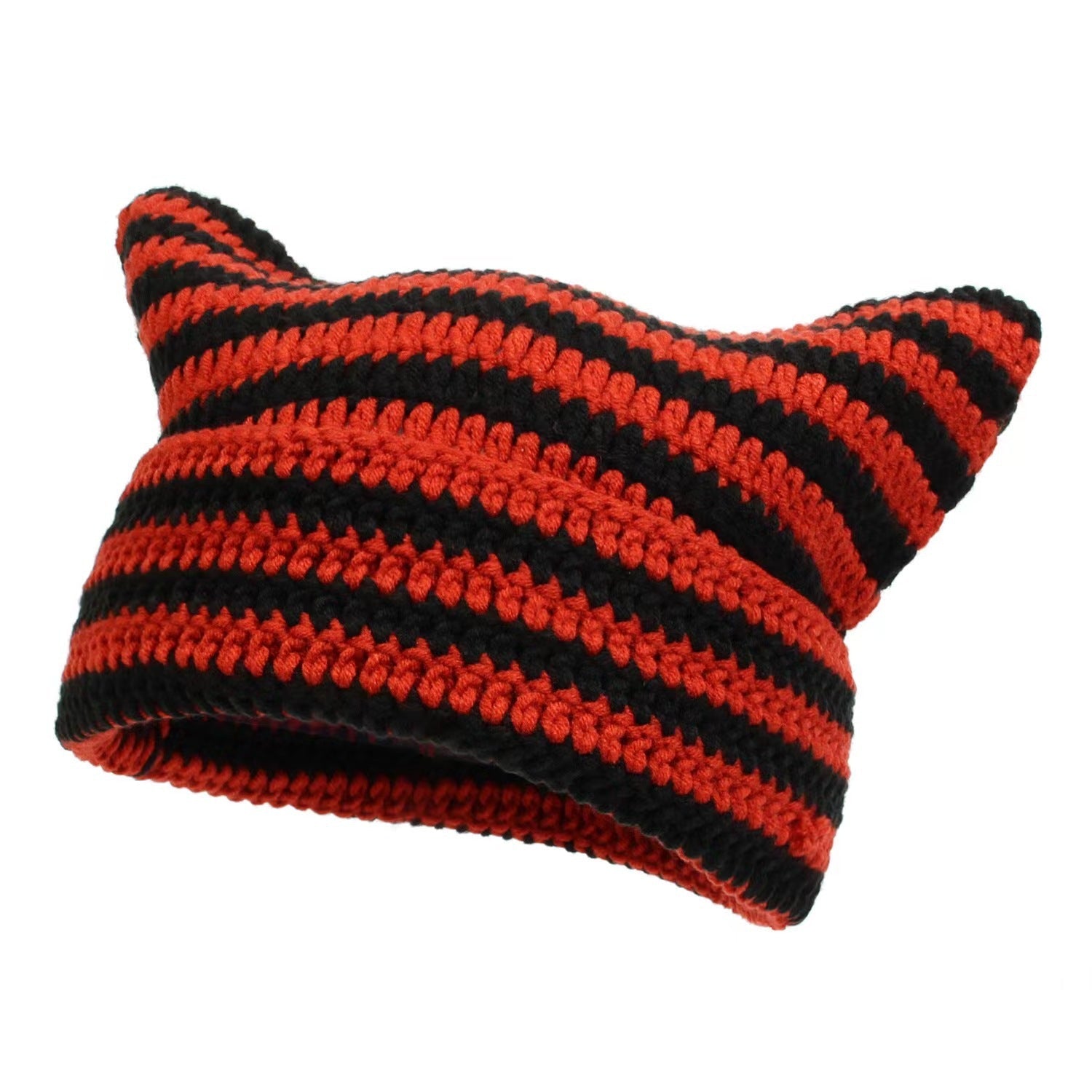 Women’s Hand Knitted Striped Cat Hat – Cute Warm Winter Beanie FitiqueFit