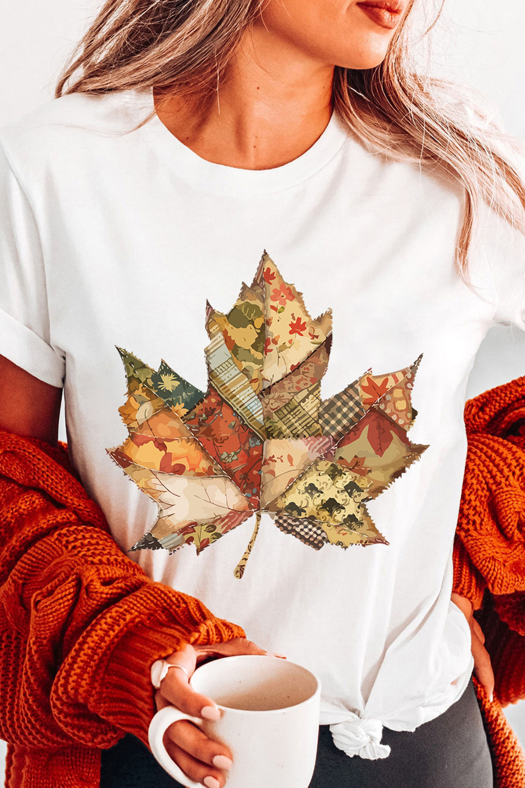 White Patchwork Maple Leaf Print Round Neck Casual T-Shirt