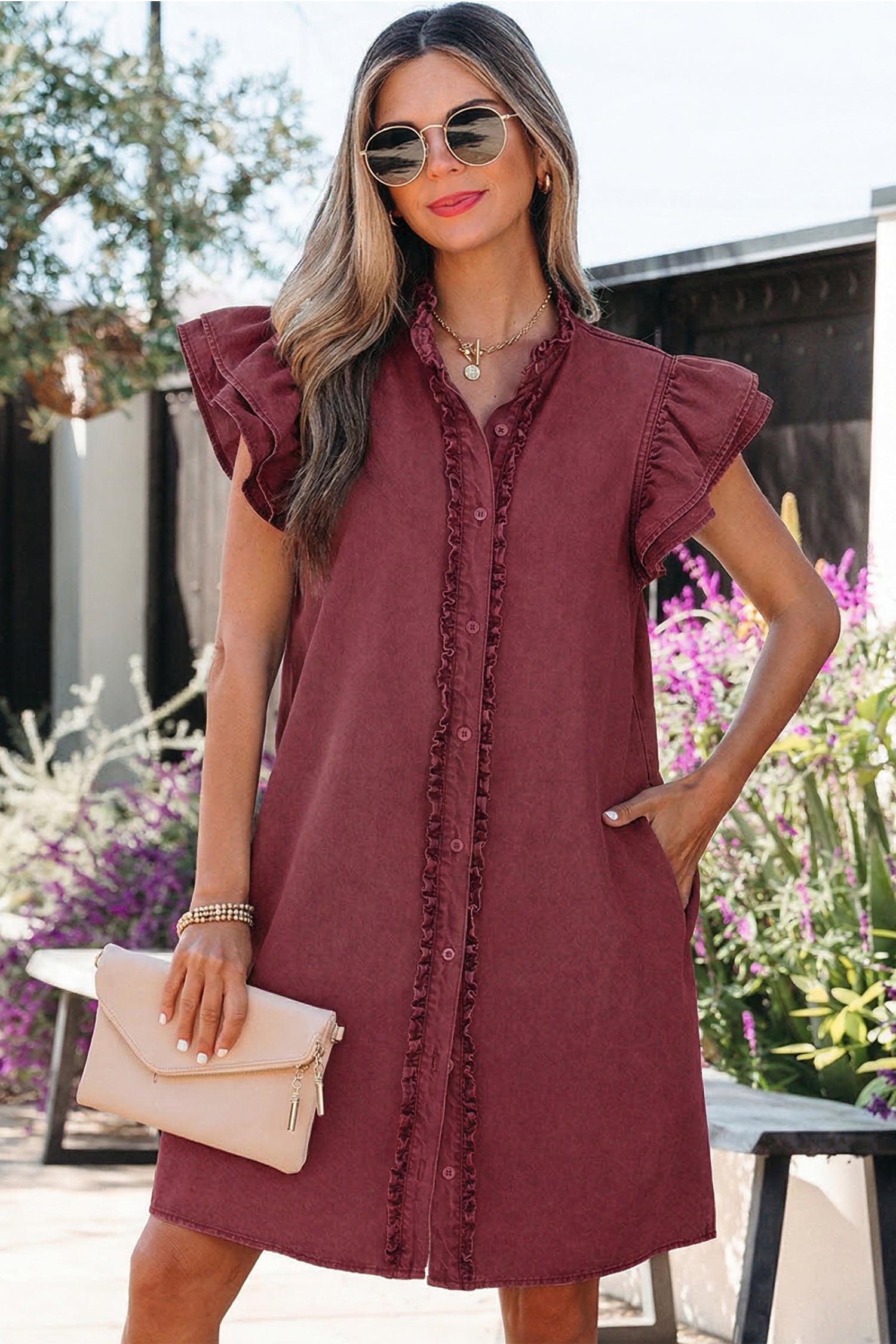 Myosotis Frilled Detail Button Down Ruffle Short Sleeve Denim Mini Dress Shewin