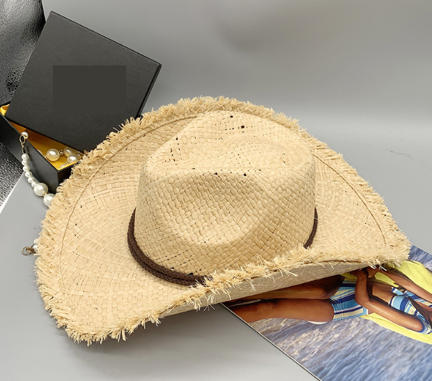 Fashionable Frayed Hem Wide Brim Cowboy Hat Raffia Straw Flanging Hat Seaside Sun Proof Solid Color Straw Hat Wanita Store