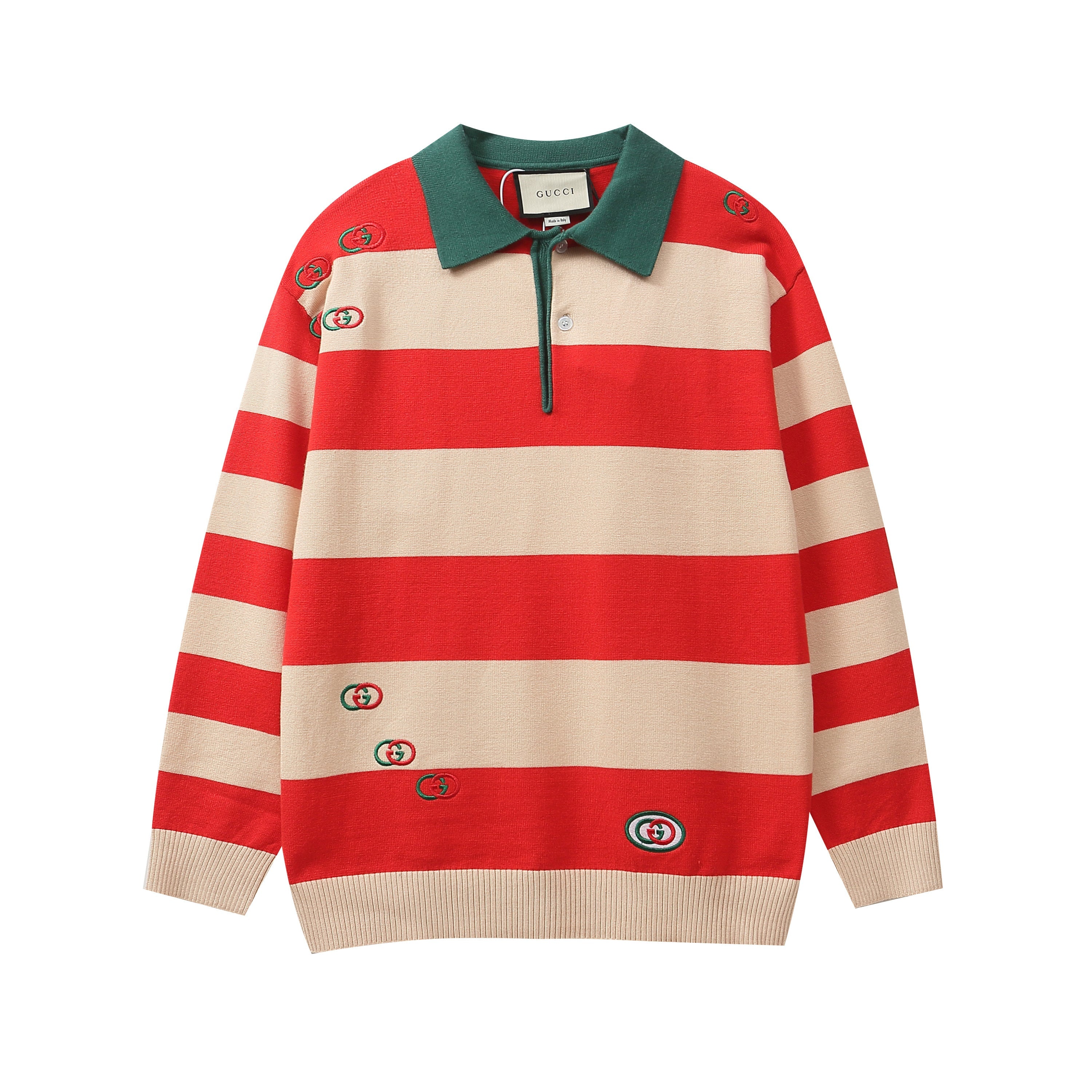 GUCCI Long sleeve polo shirt Interlocking G Knit Cream Red Green mens Banlieue91