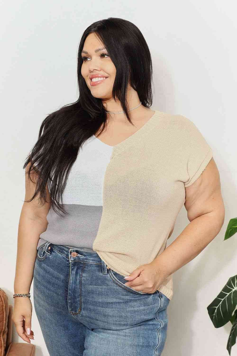 Double Take Color Block V-Neck Knit Women Top Zara-Craft