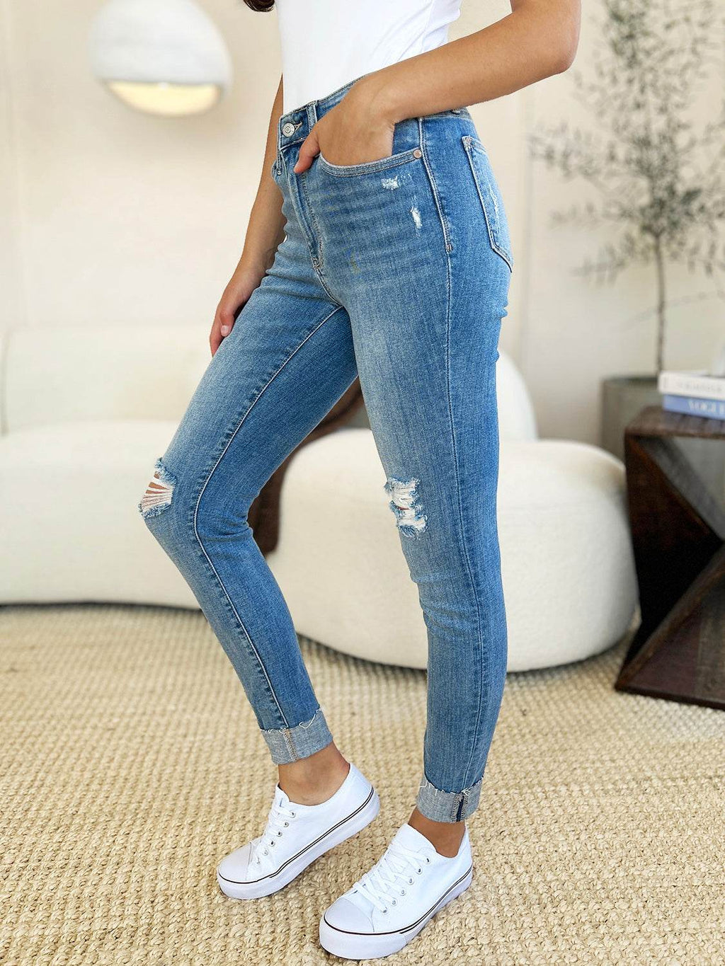 Judy Blue Full Size Mid Rise Destroy & Cuff Skinny Women Jeans