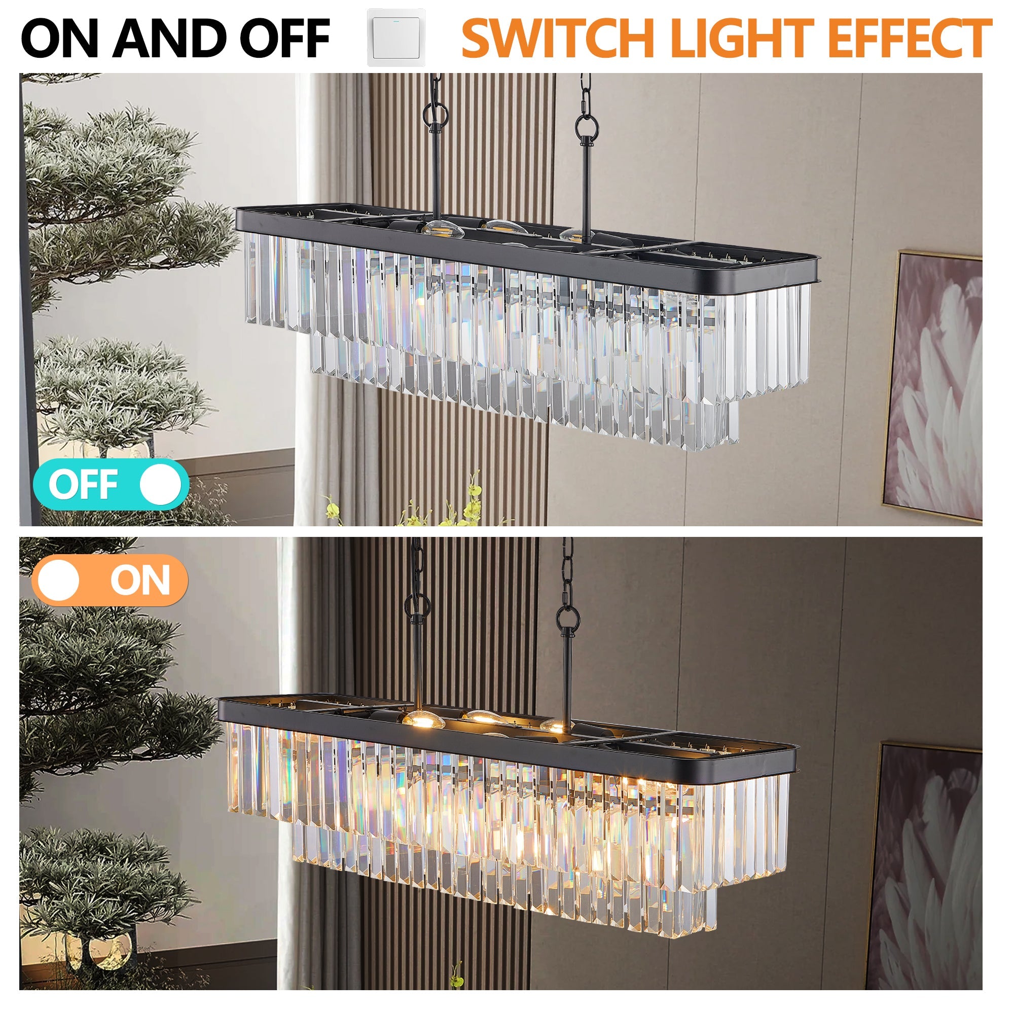 Chandeliers,Rectangular Crystal Chandelier Adjustable,E12 Modern Industrial Crystal Lights (Bulb Not Included)