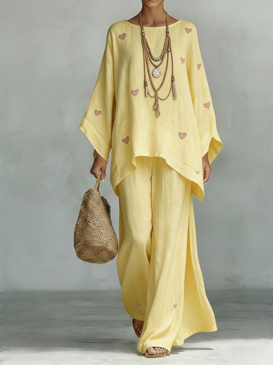 Floral Print Bamboo Linen Two-Piece Set | Wide-Leg Pants FitiqueFit