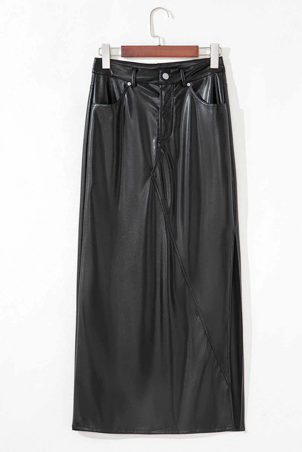 Black Faux Leather Side Slit Maxi Skirt Shewin