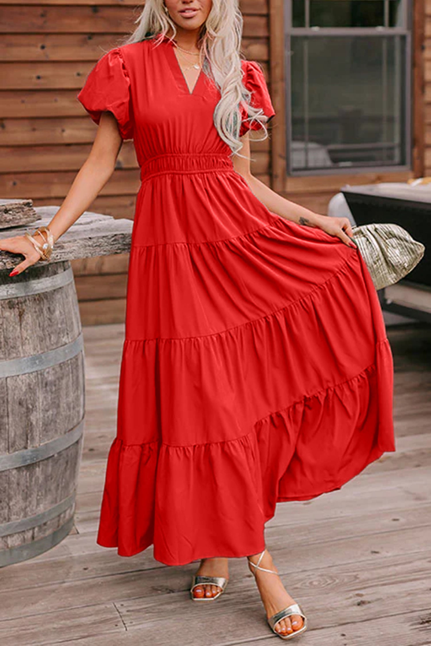 Lavendula Solid Color V Neck Short Puff Sleeve High Waist Tiered Maxi Dress Shewin