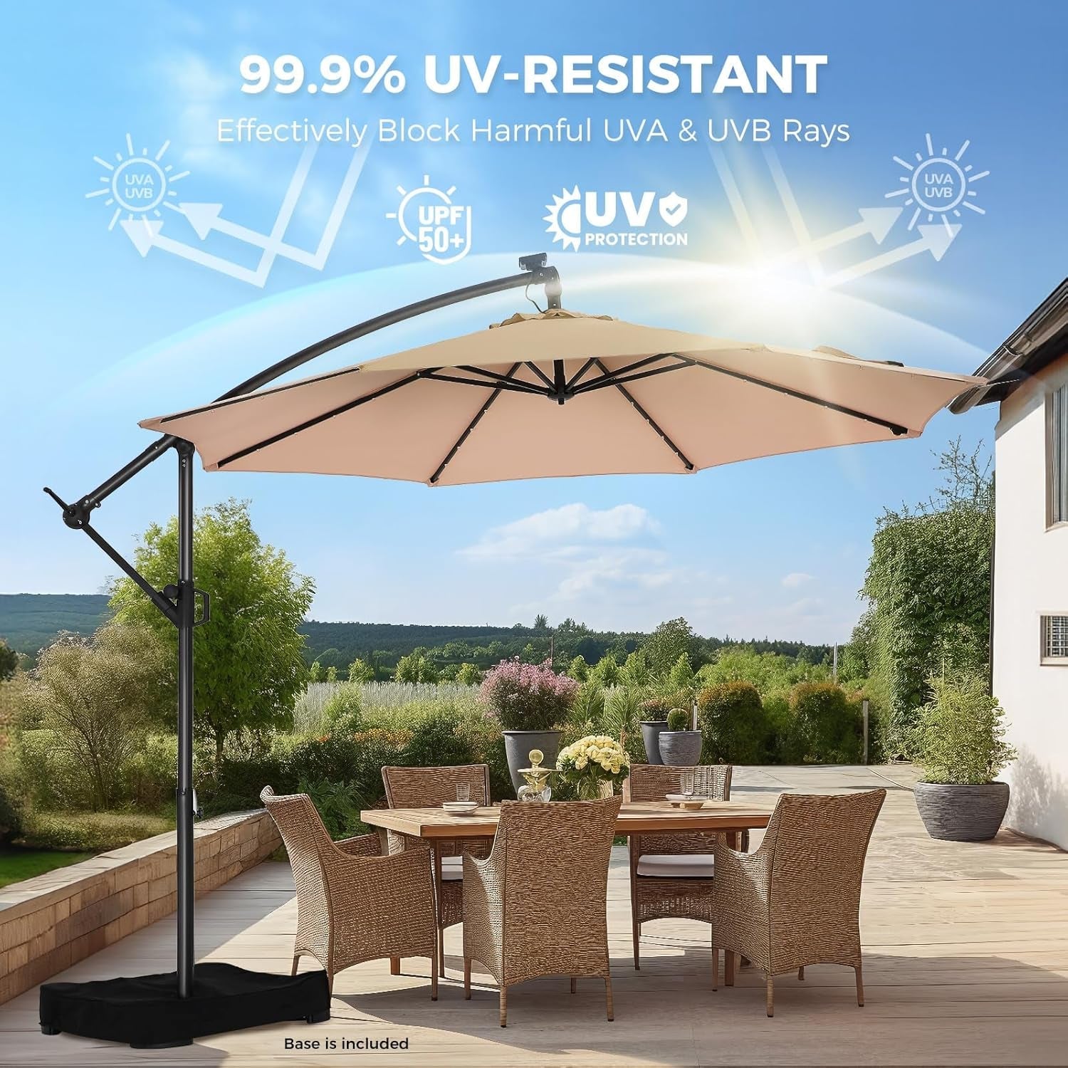 Ten Foot Solar LED Cantilevered Patio Umbrella Beige