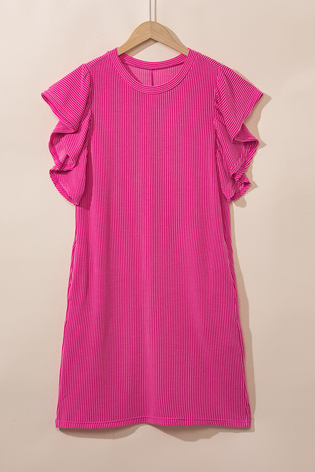 Rose Red Plain Crinkle Rib Flutter Sleeve Mini Dress
