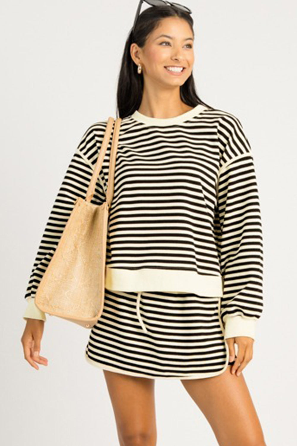 Black Stripe Textured Drop Shoulder Pullover Top Drawstring Mini Skort Two Piece Dress Set