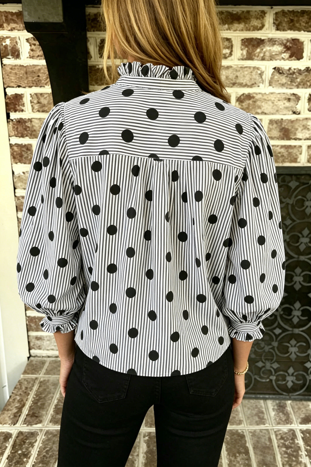 Sky Blue Polka Dot Striped Print Ruffle Stand Neck 3/4 Sleeve Shift Shirt