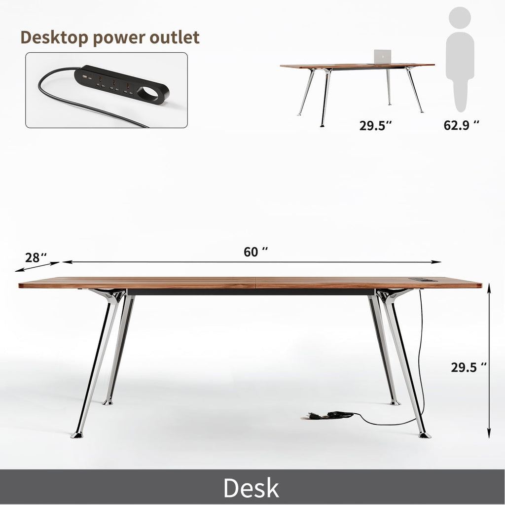 60 Inch Writing Computer Desk With Chrome Legs And Built In Power Outlet
