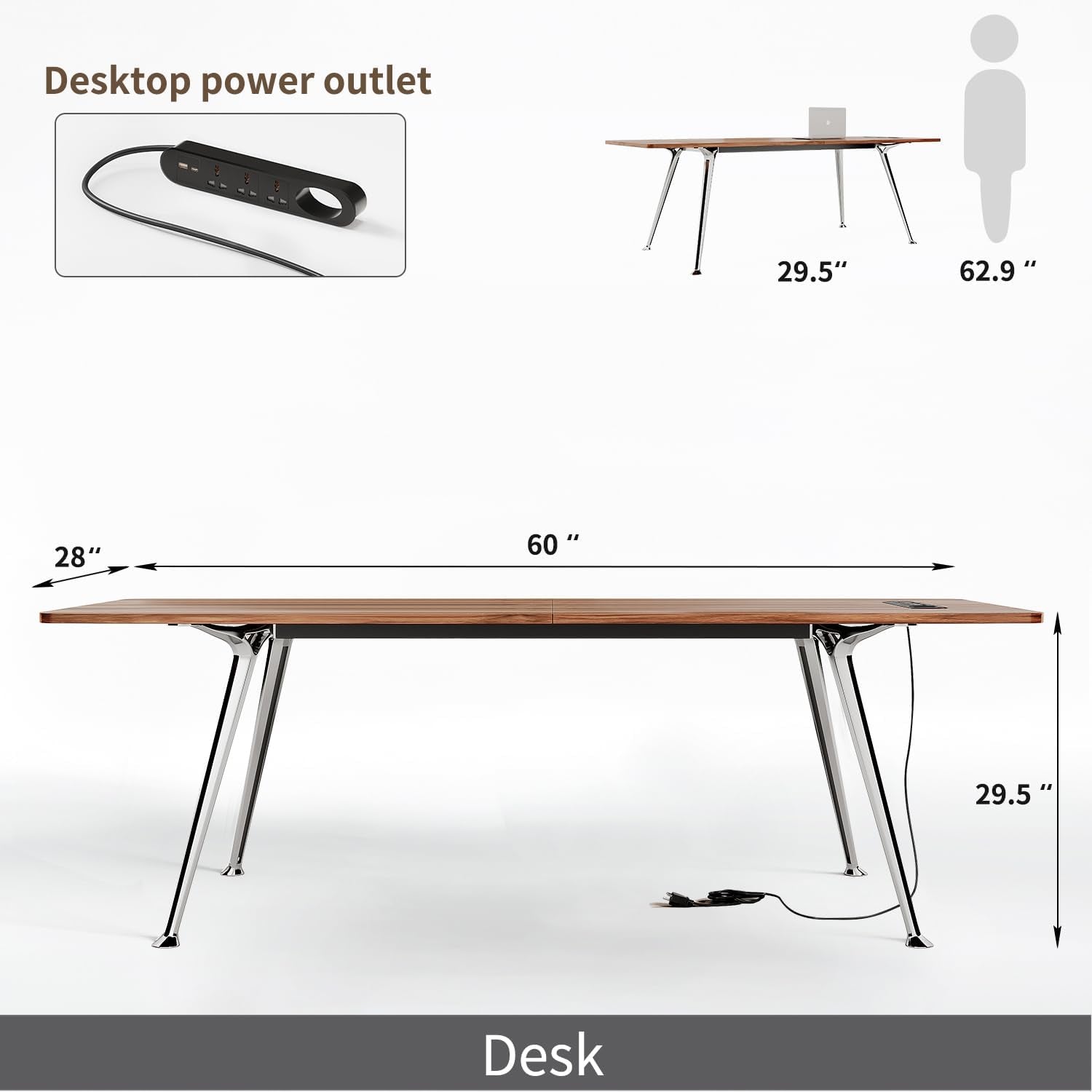 60 Inch Writing Computer Desk With Chrome Legs And Built In Power Outlet