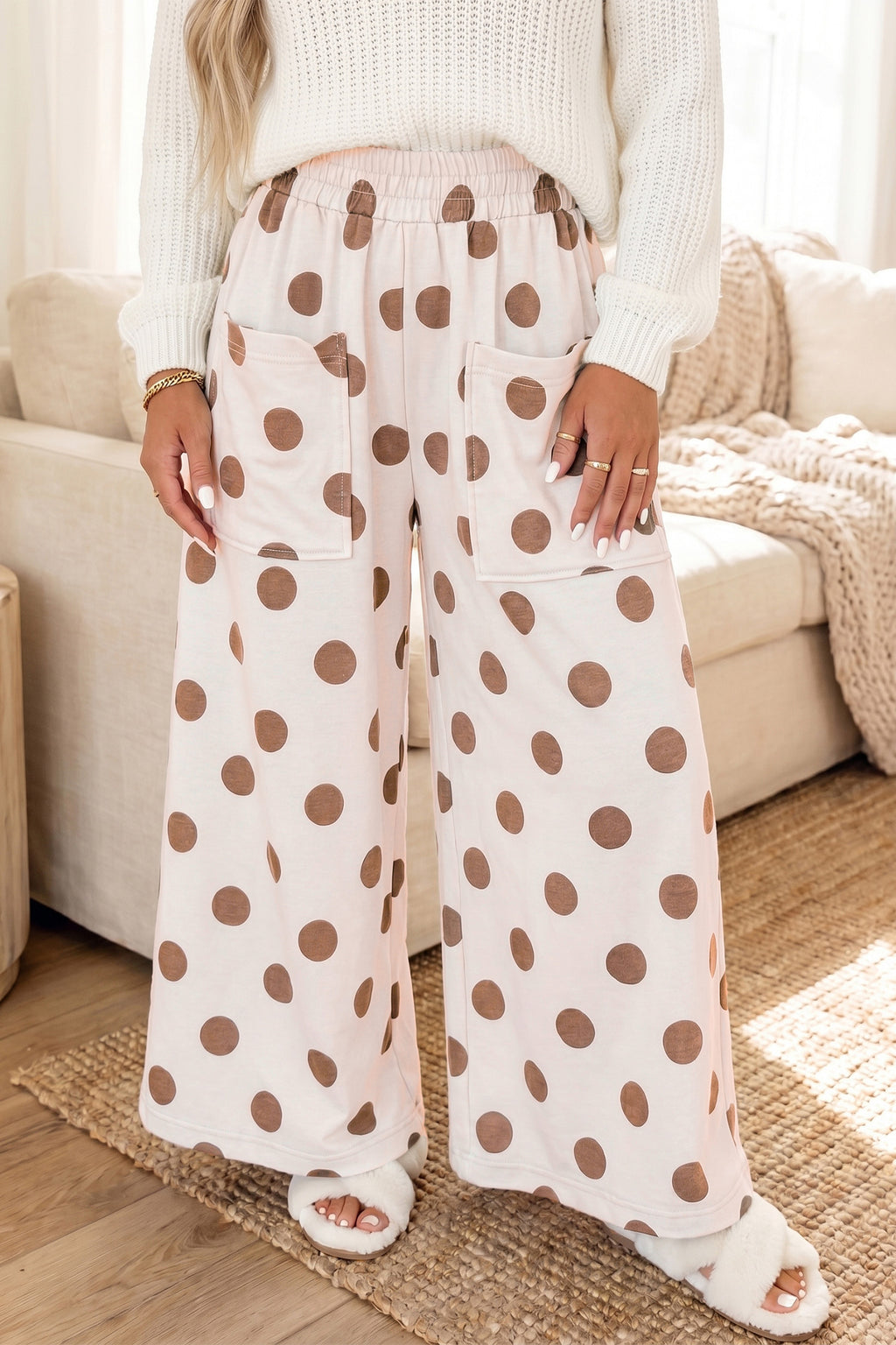 Sky Blue Polka Dot Wide Leg Elastic Waist Casual Pants Shewin