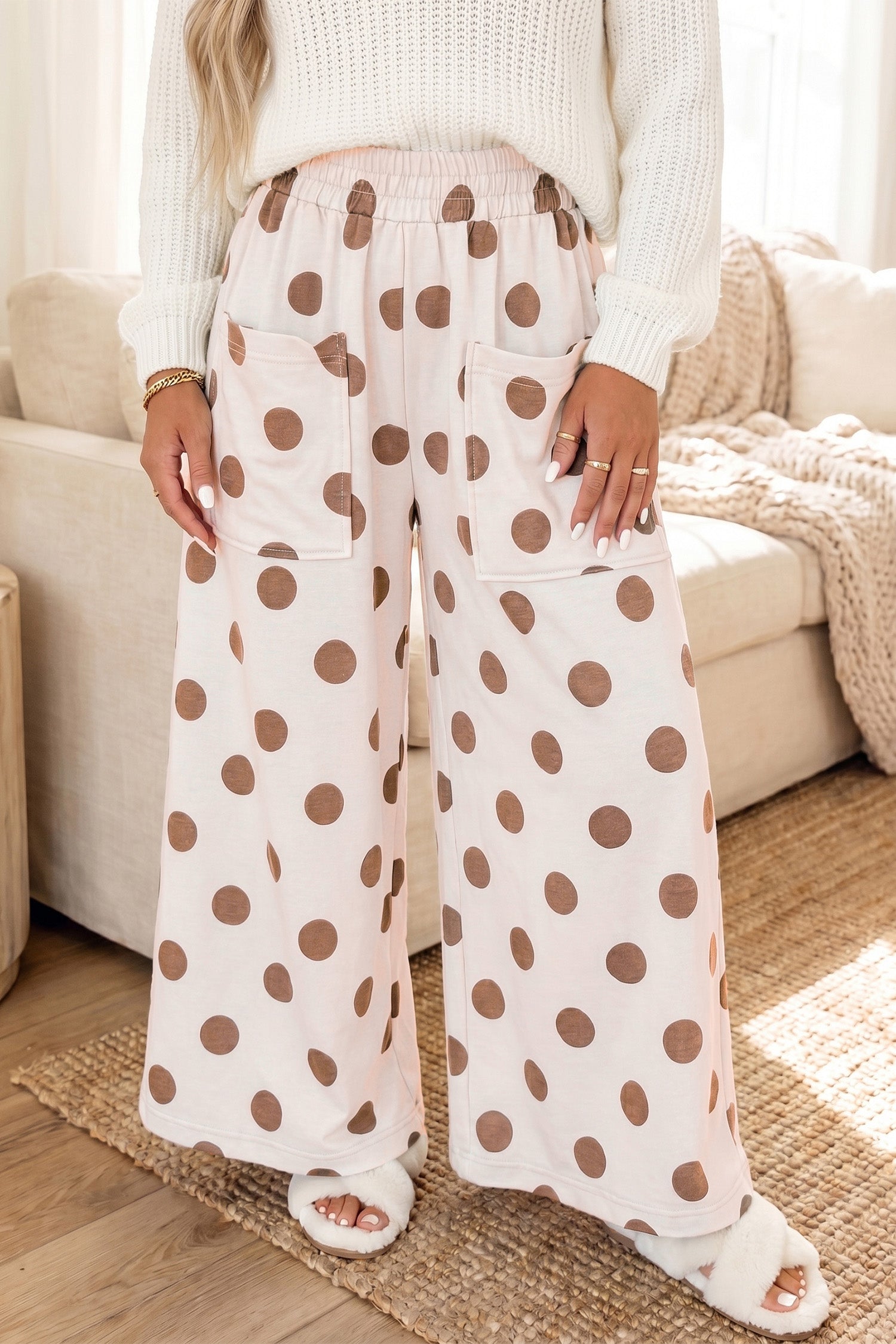 Sky Blue Polka Dot Wide Leg Elastic Waist Casual Pants Shewin