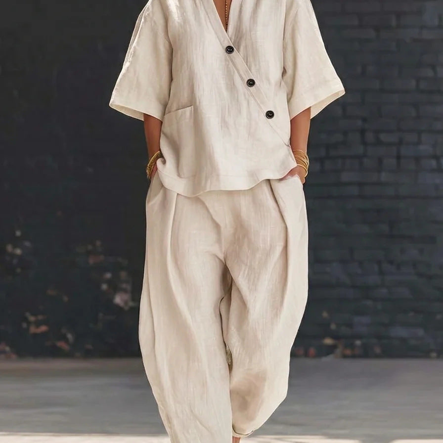 V-Neck Short Sleeve Top & High-Waist Trousers Two-Piece Set FitiqueFit