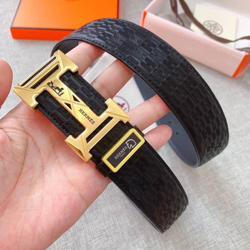 Hermès Men's Black Leather Belt with Iconic 'H' Gold Buckle - Timeless Luxury Accessory Banlieue91