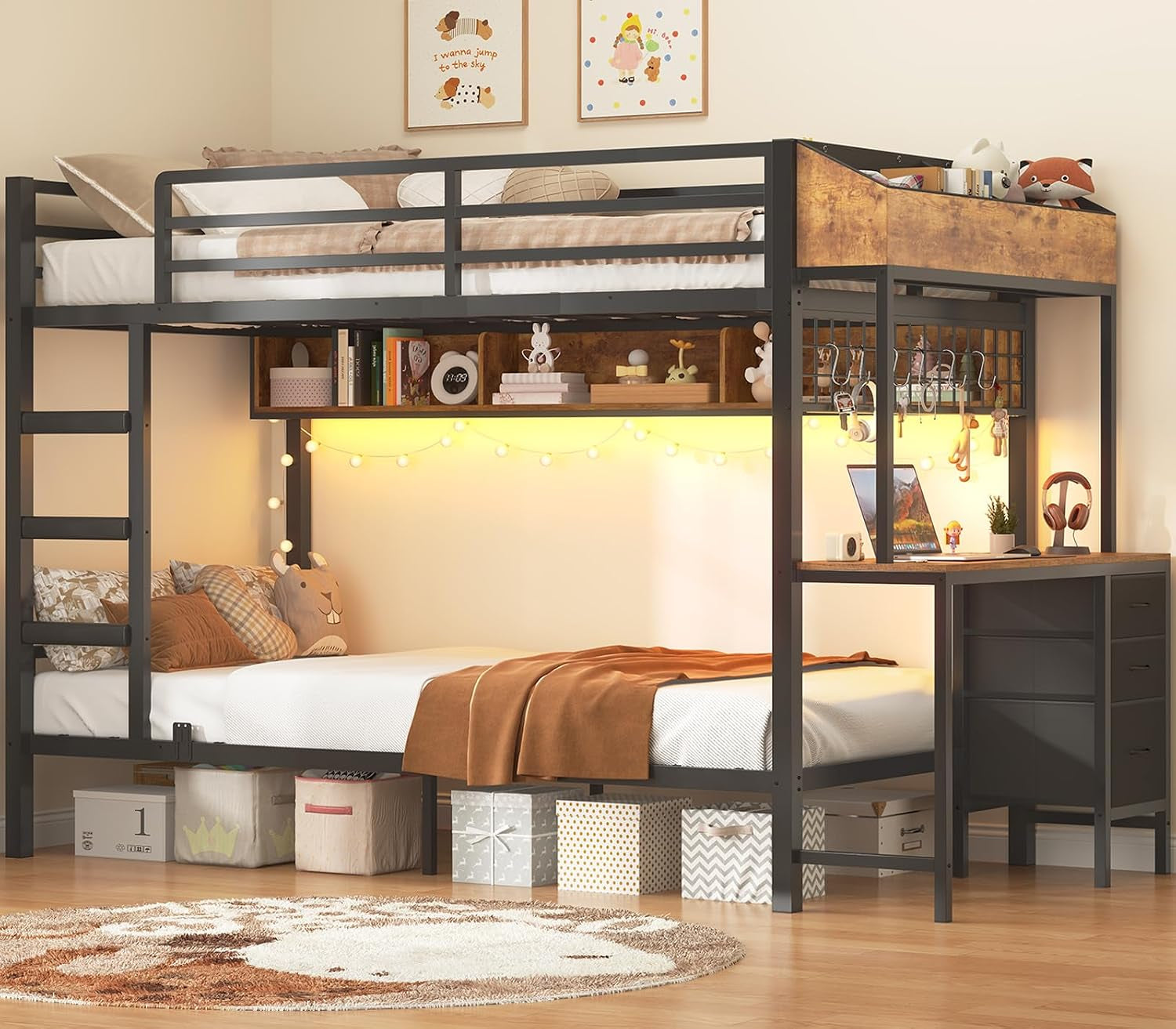 TwinOverTwin MetalBunkBed WithDesk Black SpaceSaving Design Efficient
